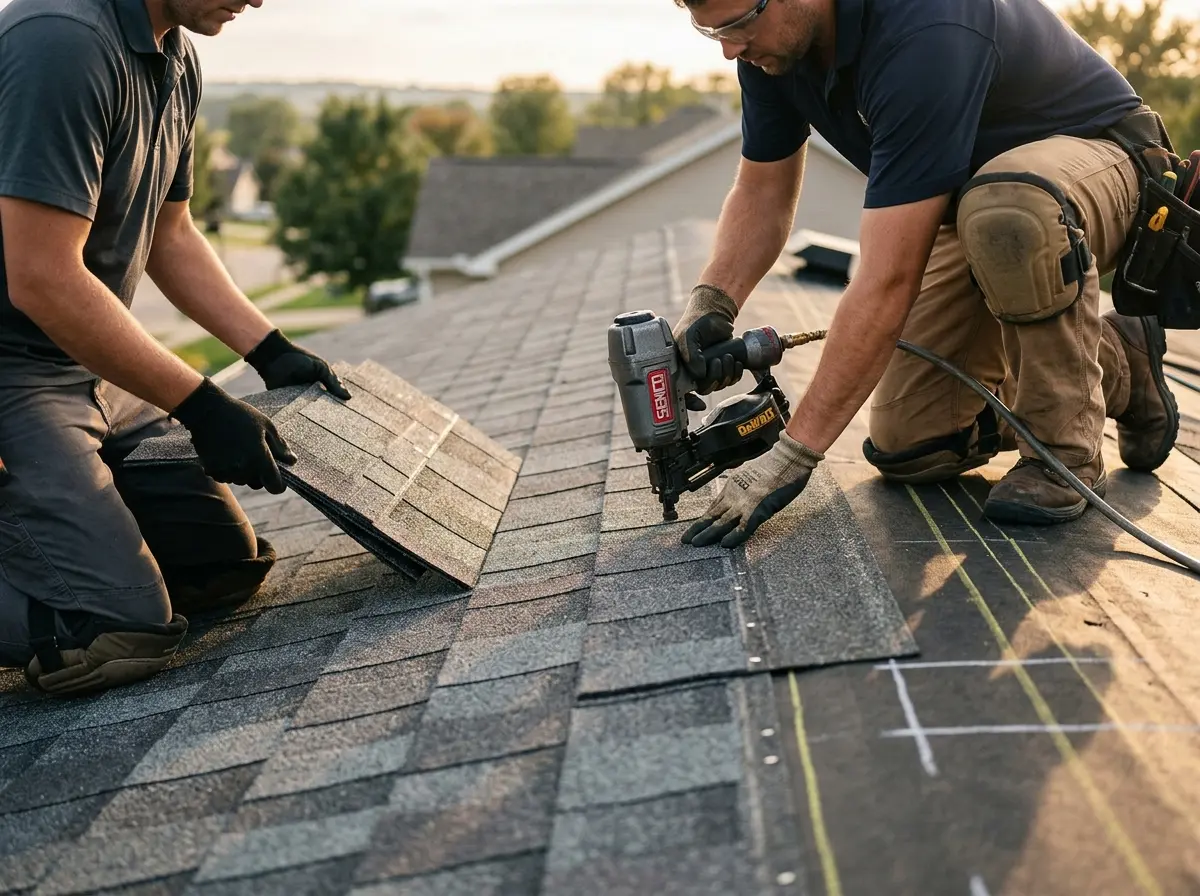 Professional roofer working on a residential roof in Channahon